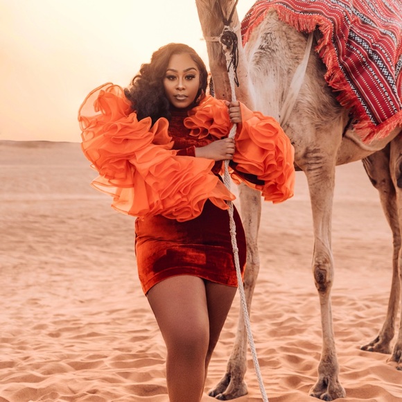 Custom Ruffled/Velvet Orange Dress - Picture 2 of 4